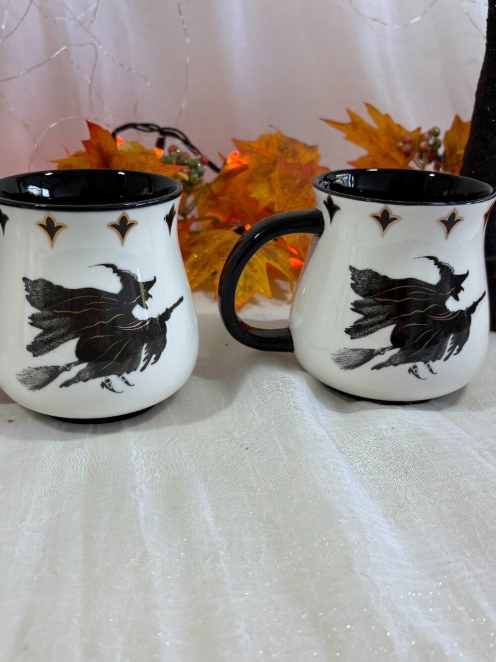 Potter's Studio Ceramic Halloween Flying Witch Black Gold Set of 2 Mugs New